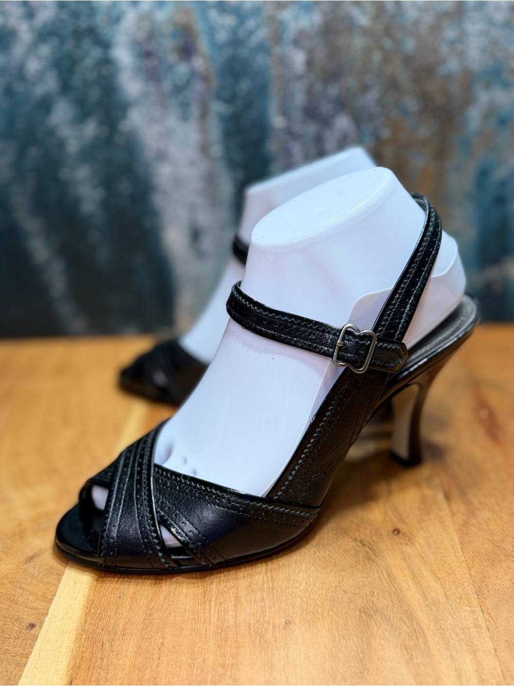 Circa Joan & David Y2K Black Leather Peep Tow Heels Size 7.5 (GUC)